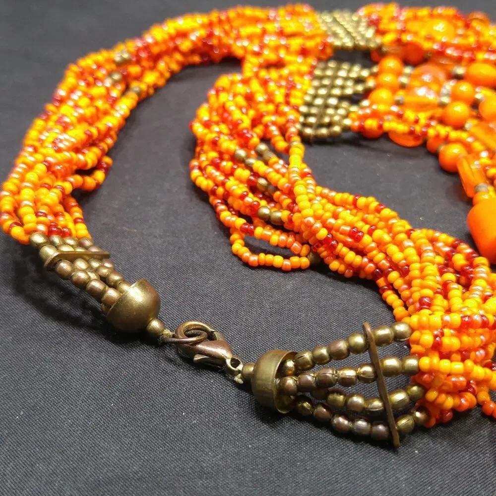 Vintage Czech Glass Bead Necklace, Orange Multistrand Boho Jewelry, 23 Inch